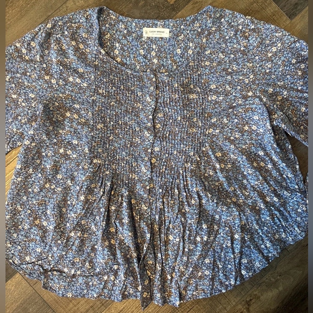 Lucky Brand Long Sleeve Blue Floral Pintuck babydoll button peasant blouse top L